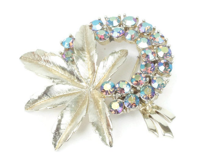 AB Rhinestone Flower Brooch Gold Tone Leaf Pin Vintage