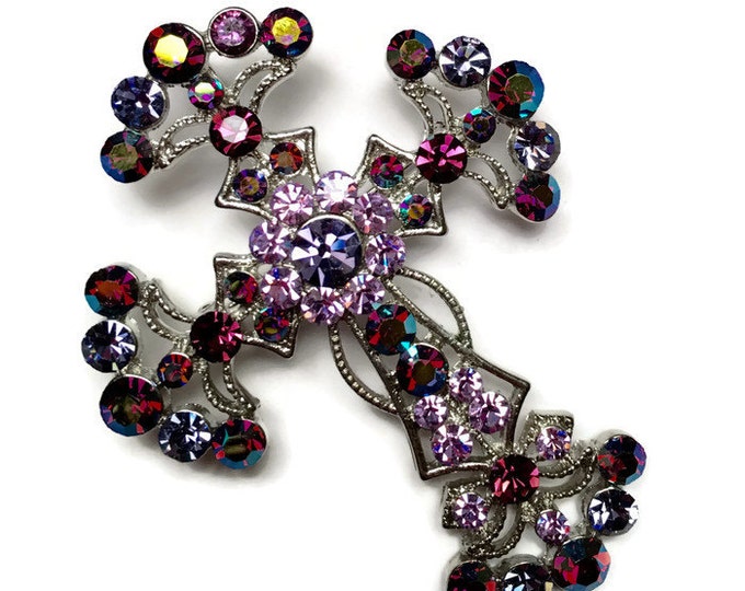 Kirks Folly Rhinestone Cross Brooch Pendant Pink Purple AB Rhinestones