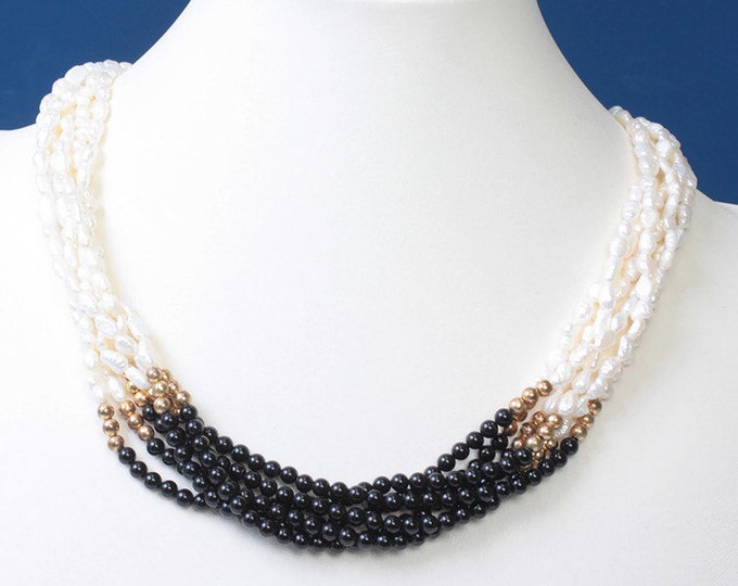 Freshwater Rice Pearl Black Bead Necklace Multi Strand Vintage