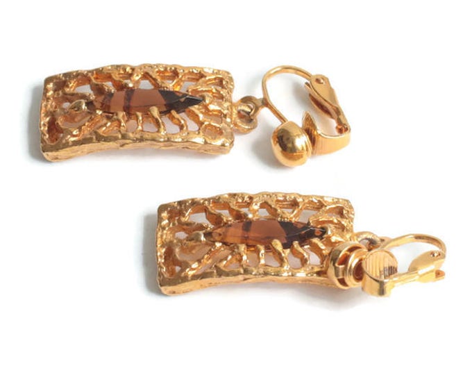 Gold Plated Filigree Topaz Glass Earrings SHP Dangle Clip On Vintage