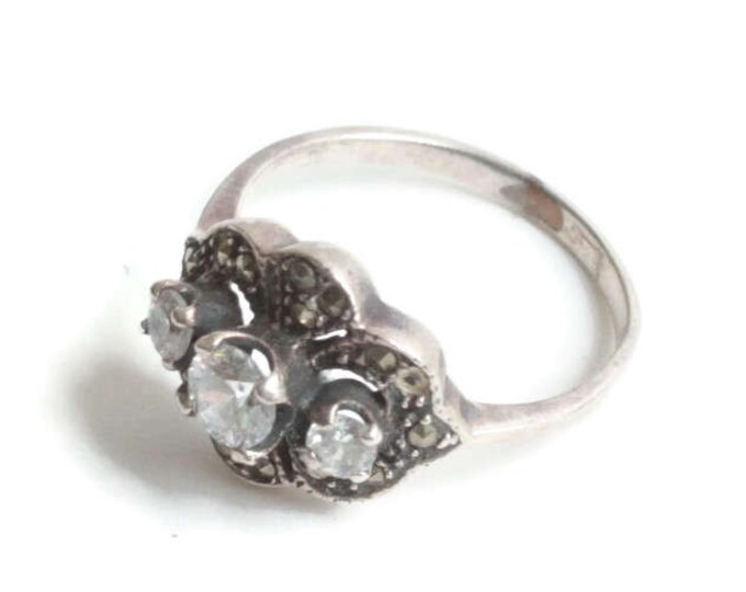 Crystal Marcasite Sterling Ring Faux Diamond Three Stones Vintage Size 7