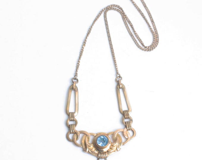 Simulated Blue Gemstone Pendant Necklace Gold Filled Art Nouveau Style Vintage