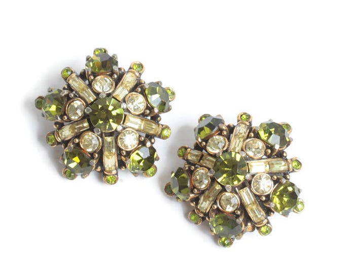 Hollycraft Green and Clear Rhinestone Earrings Star Shaped Vintage