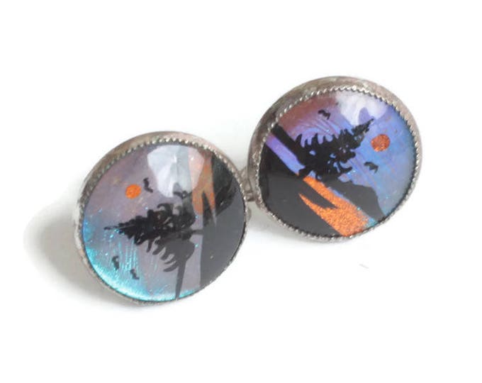 Butterfly Wing Earrings Lake Mountain Scene Screw Back Vintage