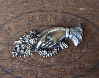 French Brass Stamping Antique Hand Holding Bouquet of Flowers