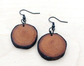 Amur Chokecherry Earrings, Dangle Wood Earrings, Rustic Tree Slice Earrings