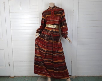 70s Harvest Party Maxi Dress in Rust Brown & Gold- Hippie / Boho / Festival / Gypsy / Witch / Disco- 1970s- Medium Large