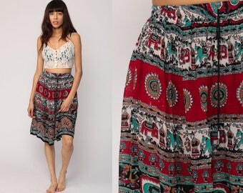 Boho Skirt Gypsy Midi Hippie Floral Indian ELEPHANT Broomstick 90s Bohemian India High Waist 1990s Ethnic Red Turquoise Extra Small Medium