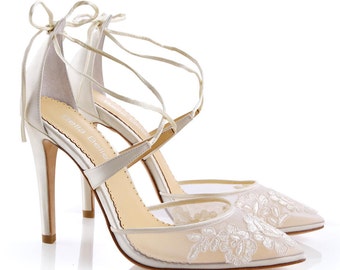 Alencon lace ivory wedding shoes heels with ankle straps. classic lace wedding heels Bella Belle Anita