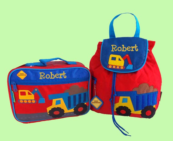 Child's Personalized Stephen Joseph Toddler CONSTRUCTION Backpack and Lunch Box School Set in Red-Monogramming Included