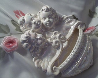 MINT Gorgeous Opalescent Triple Angel / Cherub Wall Sconce - Home Decor - Shabby Chic - Country French - Wall Decor - Vintage