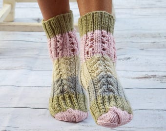 Knitted socks cottage quit socks lace cable knit bed socks neutral color cottage chic womens socks gift for her handmade girls socks