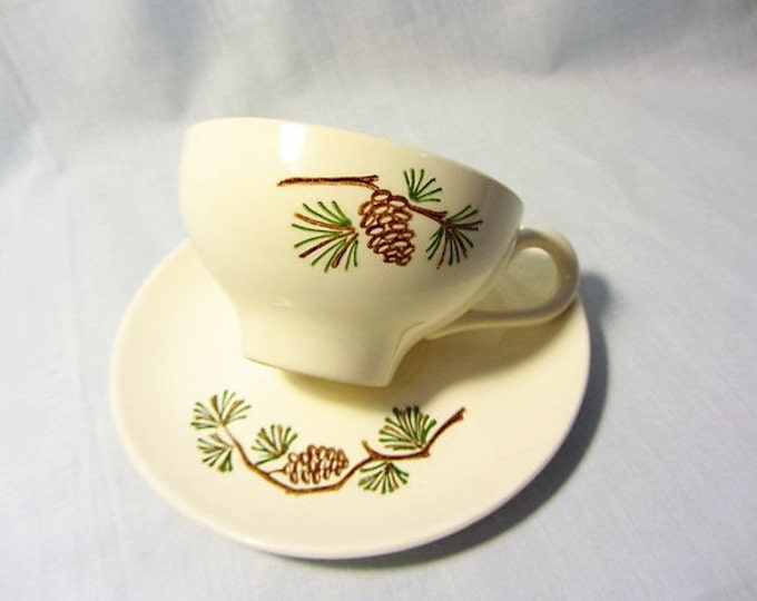 Made in USA Pottery Pine Cone Cup and Saucer, Stetson Marquest Pine Cone Pattern, Country Cabin Pine Tree Serving Set, Coffee Set Vintage