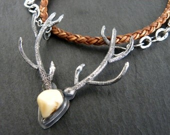 Sterling Silver Antler Statement Necklace Elk Tooth Red Deer Grundels Art Jewelry Raw Silver Textured BOHO Unisex Forest Deer Tooth