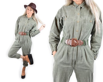 VTG 70s Forest Green Workman Jumpsuit Overalls Dungaree Belted Military Boiler Carpenter Romper Safari High Waist Jumper Vintage 80s 90s