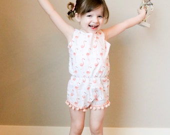 Baby Romper - Toddler Girl Outfit - Flamingo Romper - Peach Flamingo Pom Pom Playsuit - Flamingo Play Suit - Birthday Outfit - Easter Outfit