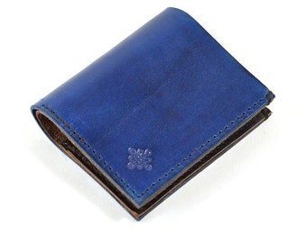 Vegetable Navy Blue Leather Bi Fold Card Bill Wallet Handmade