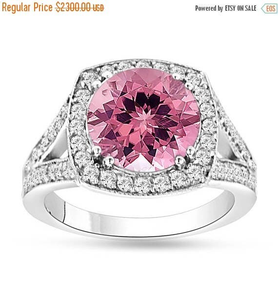ON SALE Pink Tourmaline And Diamonds Engagement Ring 14K White