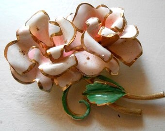 Vintage Enamel Pale Pink Double Rose Brooch Pin