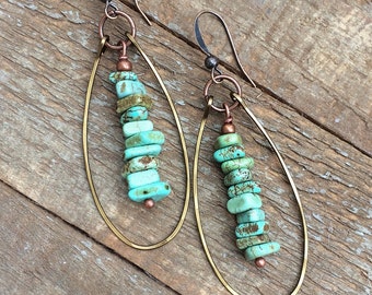 Turquoise earrings, hoop earrings, turquoise jewelry, tribal jewelry, dangle earrings, turquoise drop, bohemian earrings, bohemian jewelry