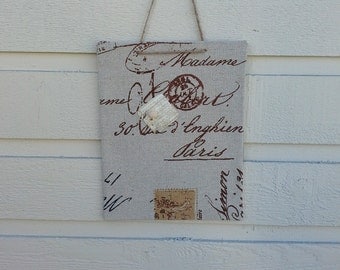 Magnet Board, mini memo board - French Script upholstery fabric with words and images for photo and memo display, hangs with jute twine