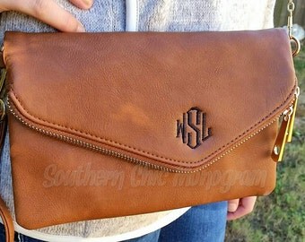 Vegan Leather monogrammed wristlet crossbody Preppy monogram chain shoulder strap Fold over wristlet clutch Envelope clutch Crossbody bag