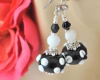 Venetian Lampwork Black and White Floral Beads, Silver, Black and White Crystal Earrings