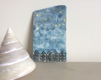 Starry Sky Art, Ceramic Art Tile, Dutch Houses Shelf Art, Ceramic plaque, Little Houses Art, Galaxy of Stars Art, Blue Sky Tile, Home decor.