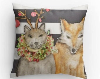 Pillow Cat - Fox - Holiday Pillow - Decorative Pillow - Woodland