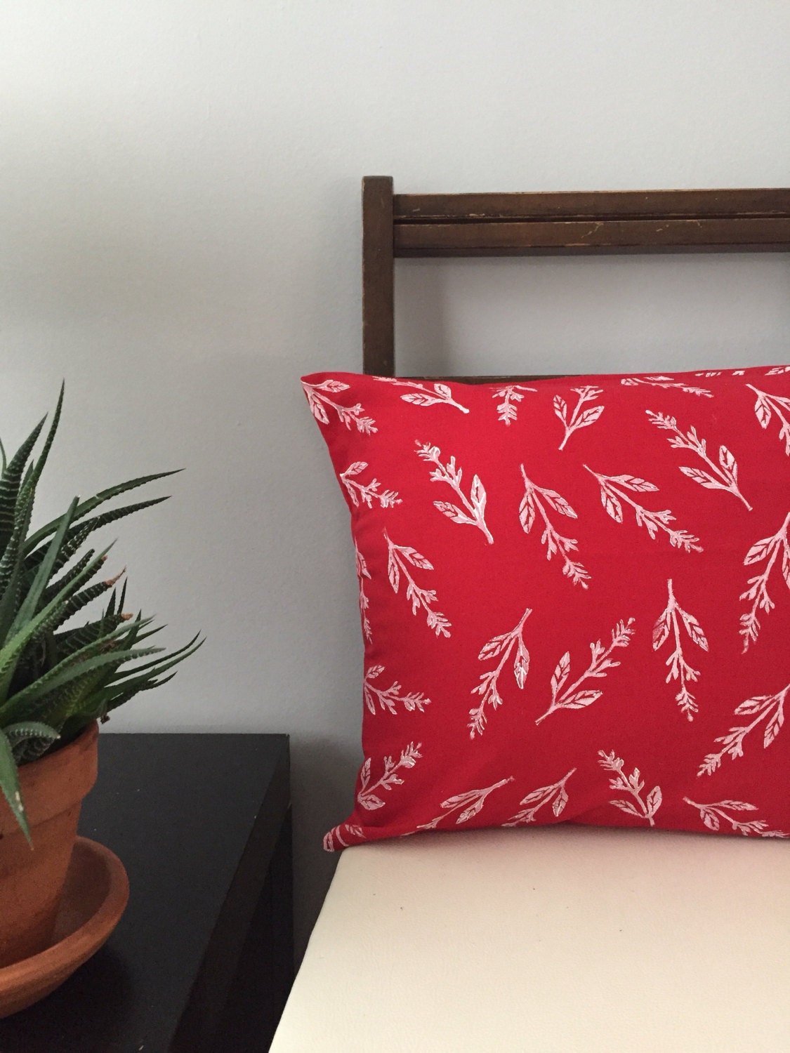 Red and White Botanical Pillow Cover. Hand Printed Pillow
