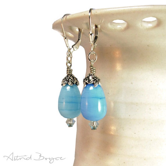 Baby Blue artisan lampwork drop earrings - Free USA Shipping - Pantone Island Paradise - Pantone Color 2017 - dangle earrings blue earrings