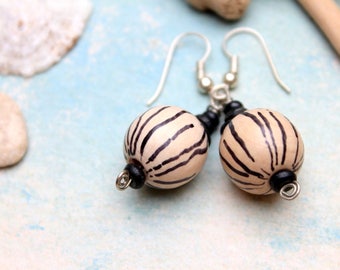 Wood earrings handpainted cream black
