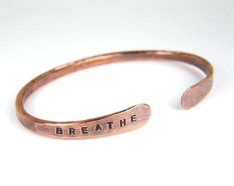 BREATHE Stamped Copper Wire Bangle, Personalized Copper Bracelet, Antiqued Copper Bangle for Men & Women in 8 Gauge Wire, Made To Order