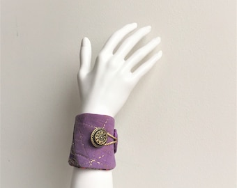 purple wrist cuff - boho gypsy wrist cuff - cotton purple india wrist cuff - golden accents textile bracelet- mothers day gift, gift for her