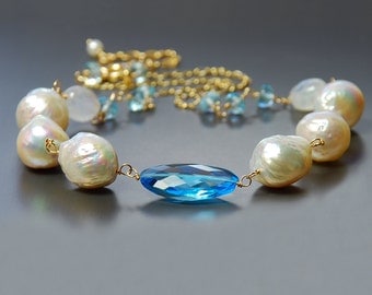 Baroque Pearl, Swiss Blue Topaz and Moonstone Necklace. Topaz Necklace. Gemstone and Pearl Necklace