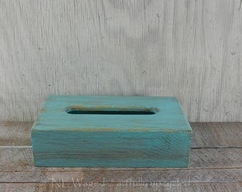 Wood tissue holder, distressed, light turquoise, tissue box cover, upcycled
