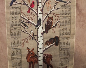 1986 Linen Tea Towel Calendar Wildlife Animals and Birds Calendar