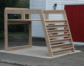 LbSnV05 Solid Hardwood Loft Bed with no furniture under it and options for mattress sizes and wood species