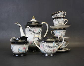Vintage Japanese Slipware Dragon 10 Piece Tea Set (E8354)