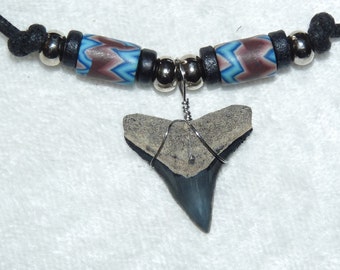 Fossil bull shark tooth necklace with "lightning" beads and adjustable cord