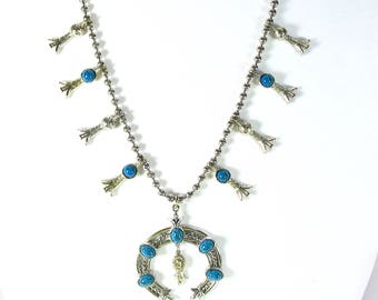 signed ART Squash Blossom Necklace, Naja, Turquoise, Silver Beaded Necklace, Designer, Southwestern, Statement Piece, Gift Idea, Excellent
