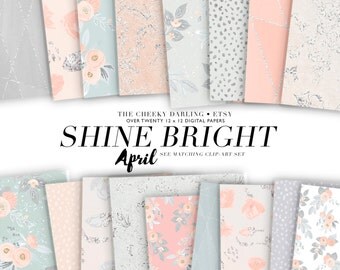 Digital Paper Set Shine Bright Peach Pink Gray floral Pattern watercolor glitter Jpg for Small CU Printed Planner Stickers Invitations