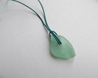 Seaglass necklace in green Rough surfer choker pendant, small leather cord RAW jewelry Netherlands sea 2017 recycled seaglass Under 25 USD