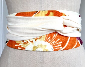 Bright linen obi , print obi belt sash, orange print obi, ivory crepe obi sash belt, reversible linen belt, reversible fabric belt