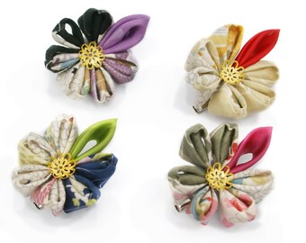 Kimono Print Kanzashi Hair Clip and Brooch - Fabric Origami Hair Flower - Japanese Sakura Hair Clip - Kanzashi Brooch - Women's Accessories