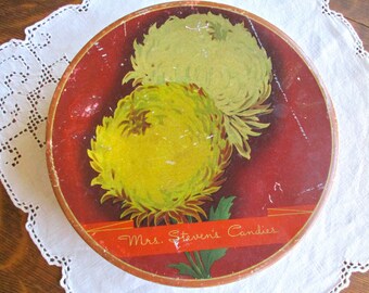 Large Cookie Tin, Red Yellow Mrs. Steven's Candies, CHICAGO, Flowers Chrysanthemums, Fabulous Storage Shabby Chic Display DECOR Housewarming