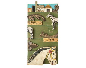 HORSE FARM, 19", mixed media assemblage art, architectural salvage, reclaimed wood, Elizabeth Rosen