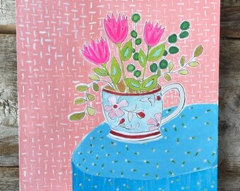 Original Watercolor Gouache Painting of Tulips in a Teacup