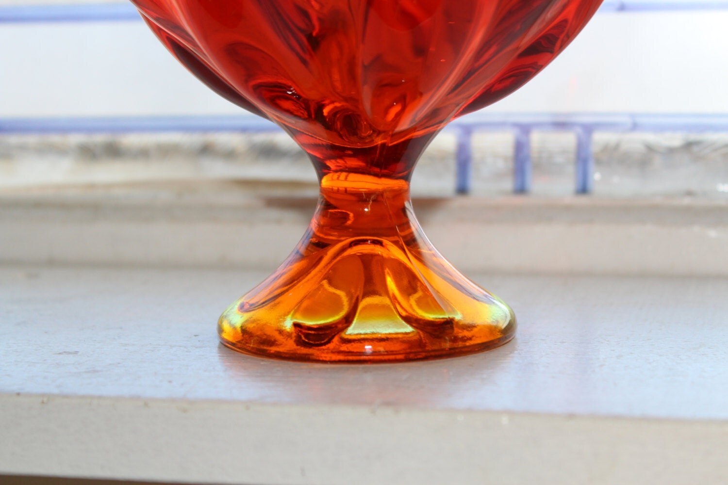 Retro Orange Glass Pedestal Bowl Candy Dish Vintage 1960s Amberina