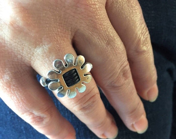 Leather Ring, silver Ring, flower Ring, flower Leather Ring, Womens Leather Ring, small Leather Ring, Hippie Ring, Boho Ring